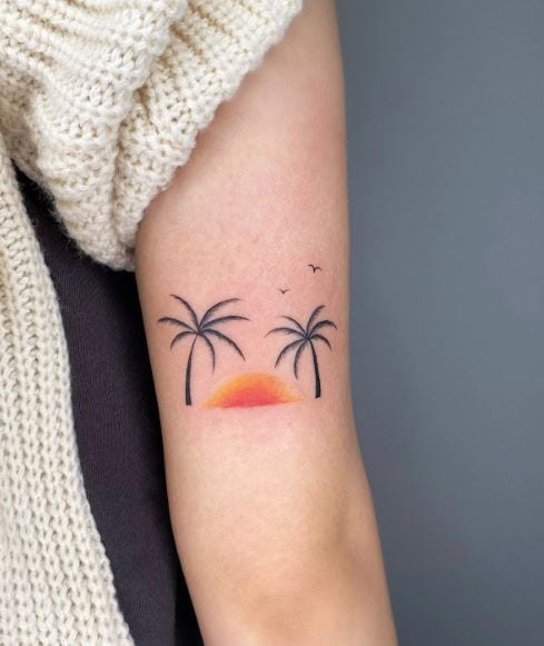 Colored Sunrise and Two Palm Trees Arm Tattoo