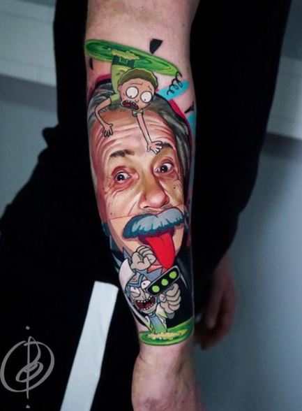 Einstein and Rick and Morty Portal Arm Tattoo