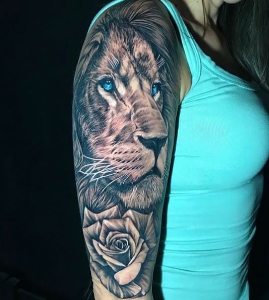 Rose and Lion with Blue Eyes Arm Half Sleeve Tattoo