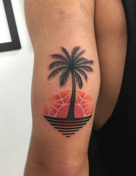 Colored Sunset and Palm Tree Arm Tattoo