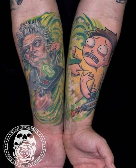 Rick and Morty Sticking Out From Portals Both Forearms Tattoos