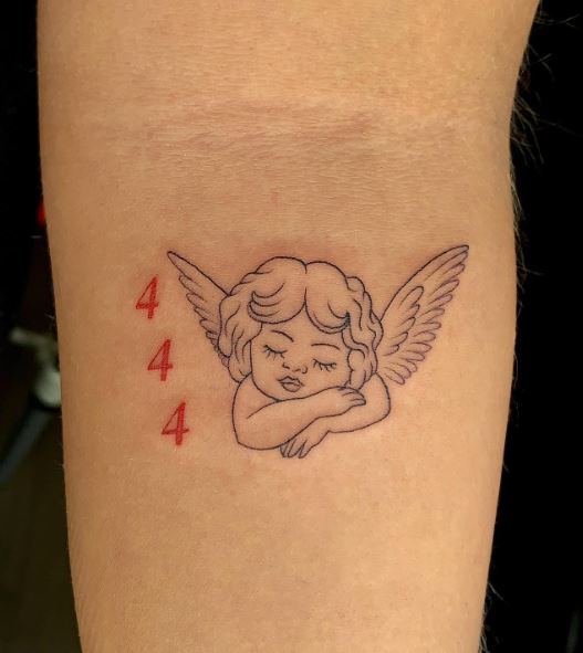 Sleeping Angel and Red 444 Angel Number Forearm Tattoo