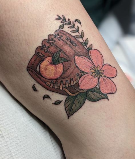 Red Flower and Baseball Glove with Fruit Leg Tattoo