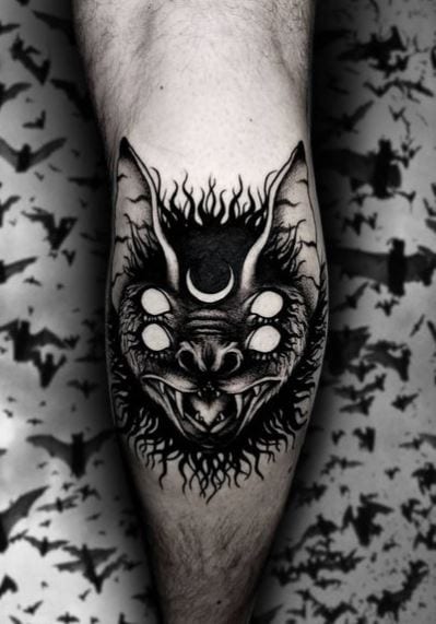 Black Gothic Bat with Four Eyes Leg Tattoo