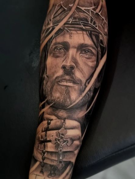 Jesus Christ with Rosary Forearm Sleeve Tattoo