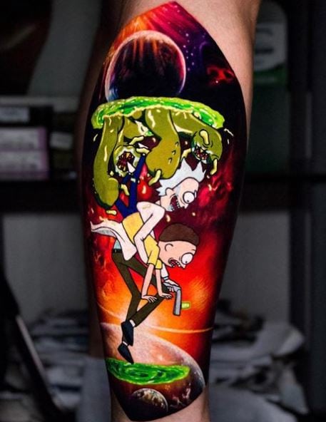 Moon and Rick and Morty Portal Forearm Tattoo