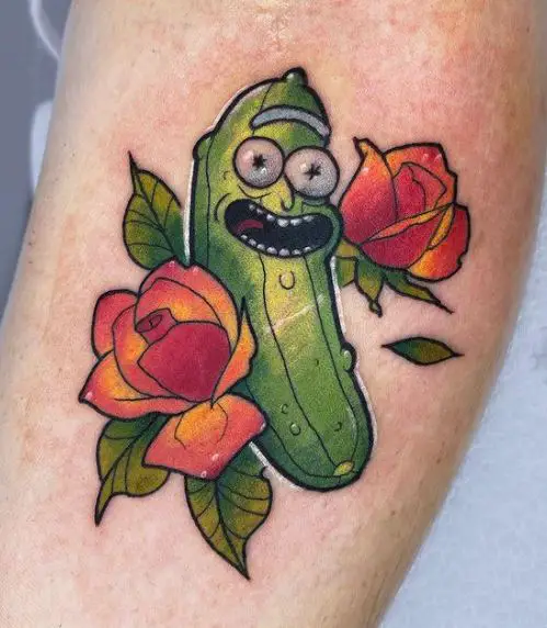 Colorful Flowers and Pickle Rick Arm Tattoo