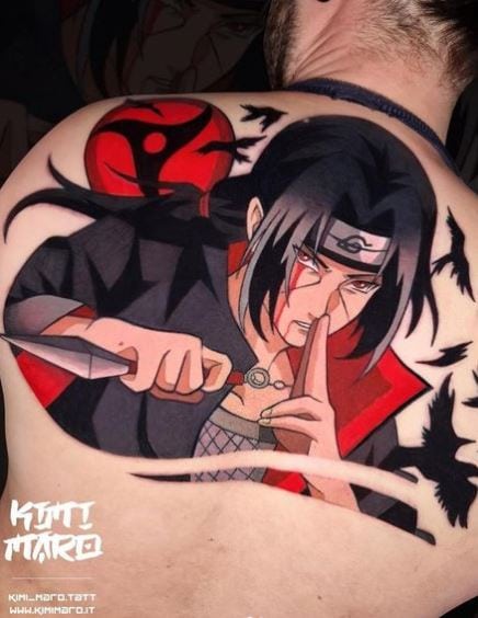 Realistic Itachi Uchiha with Dagger Back Tattoo