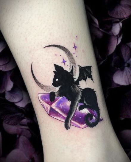 Amethyst and Black Gothic Cat with Wings Tattoo