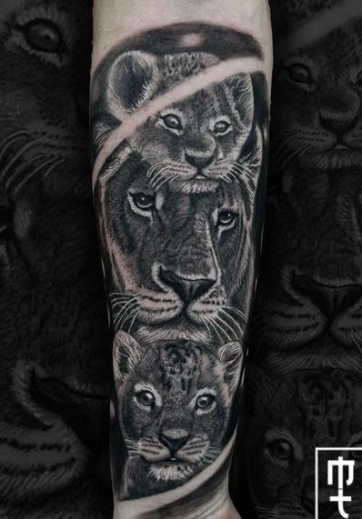 Black and Grey Lioness with Cubs Arm Half Sleeve Tattoo