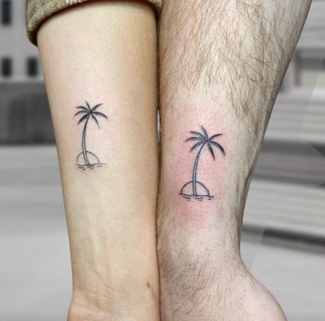 Sun and Palm Tree by the Ocean Forearm Matching Tattoos