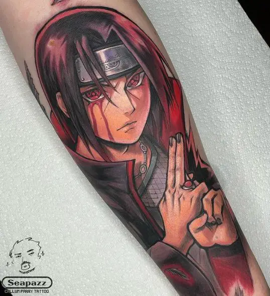 Colorful Realistic Itachi Uchiha Forearm Tattoo