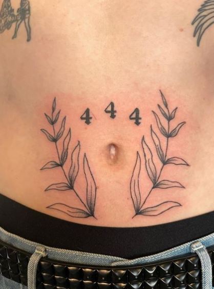 Leaves and 444 Angel Number Belly Tattoo