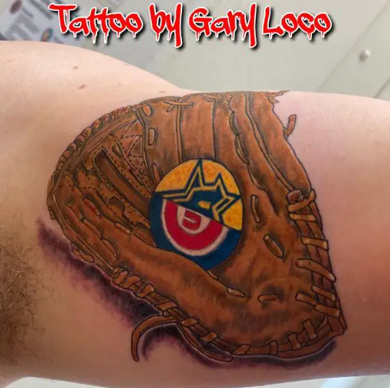 Brown Baseball Glove with Team Logo Inner Biceps Tattoo