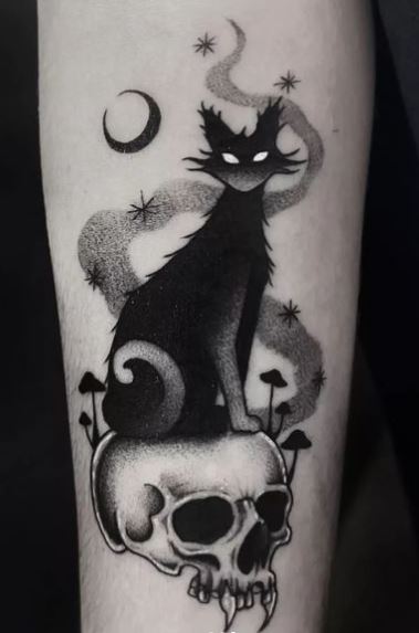 Skull with Mushrooms and Black Gothic Cat Arm Tattoo