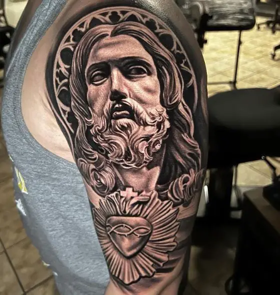Sacred Heart and Jesus Christ Arm Half Sleeve Tattoo