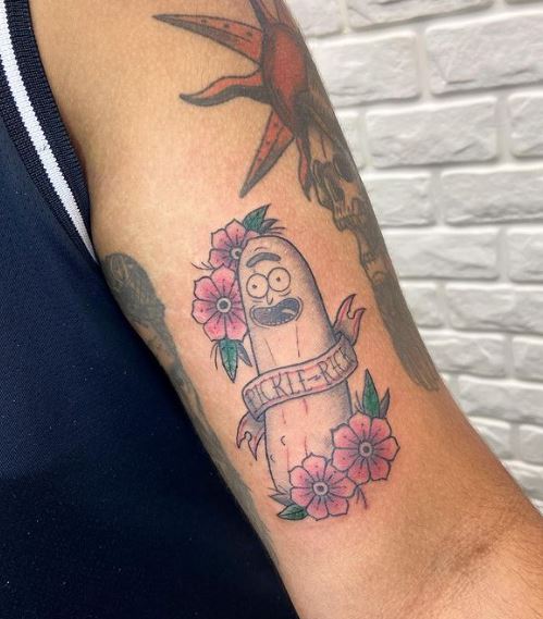 Red Flowers and Pickle Rick Biceps Tattoo