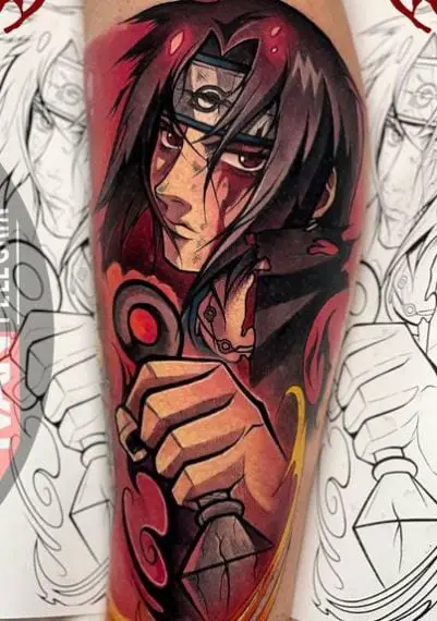 Realistic Itachi Uchiha with Dagger Forearm Tattoo