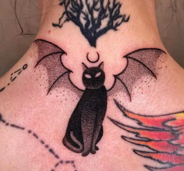 Crescent and Black Gothic Cat with Wings Spine Tattoo