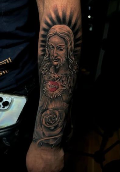 Rose and Jesus Christ with Sacred Heart Forearm Tattoo