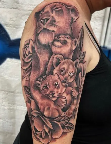 Flowers and Lioness with Cubs Arm Half Sleeve Tattoo