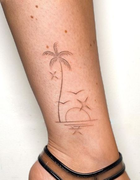 Sunset and Palm Tree with Seagulls Ankle Tattoo