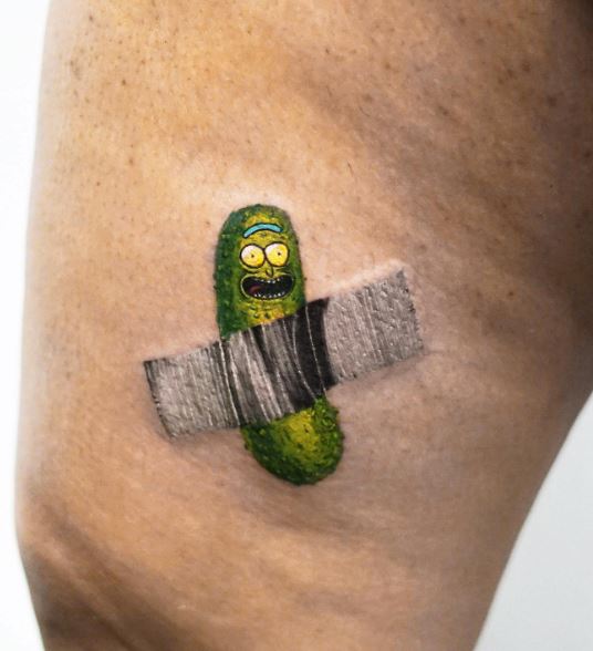 Patched Pickle Rick Thigh Tattoo
