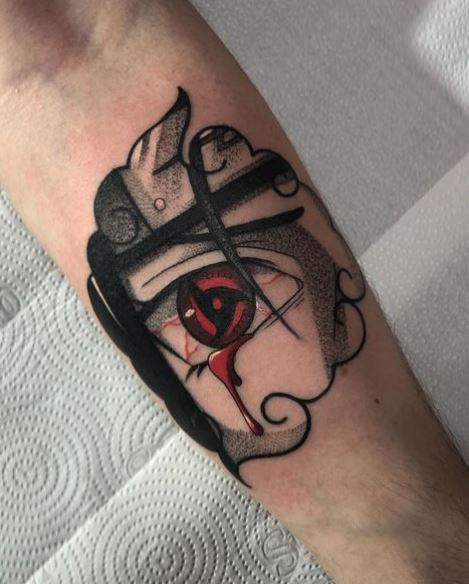 Black and Red Itachi Sharingan Forearm Tattoo