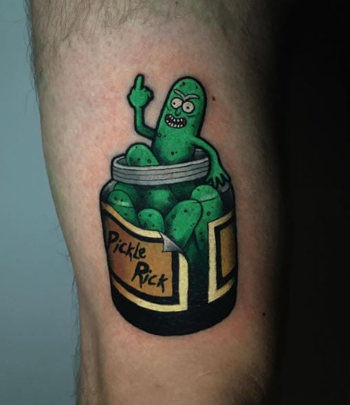 Jar with Pickles and Pickle Rick Thigh Tattoo