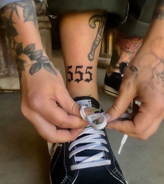 Black 555 Angel Number Ankle Tattoo