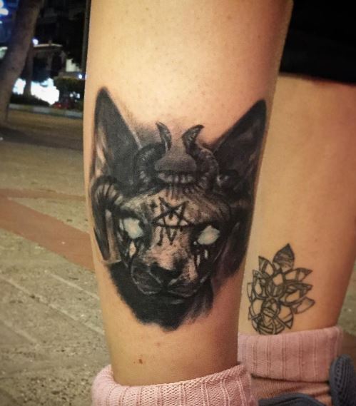 Black Gothic Cat with Pentagram Calf Tattoo