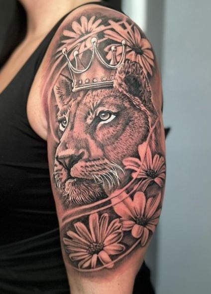 Flowers and Lioness with Crown Arm Half Sleeve Tattoo