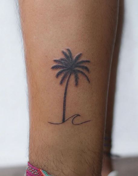 Black and Grey Wave and Palm Tree Leg Tattoo