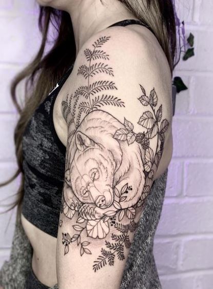 Fern and Sleeping Bear Arm Half Sleeve Tattoo