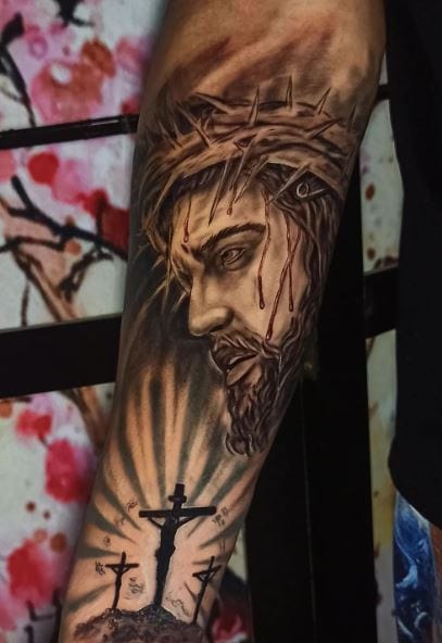 Shaded Jesus and Crucifixion Forearm Sleeve Tattoo