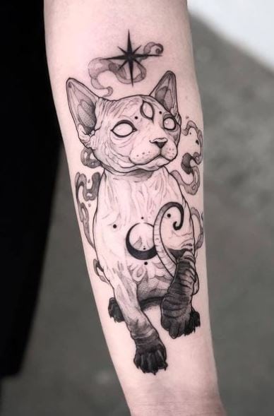 Black and Grey Gothic Cat Forearm Tattoo