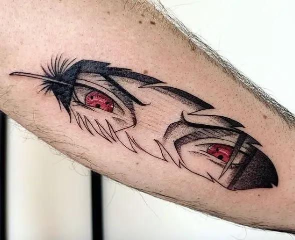 Feather and Itachi Sharingan Forearm Tattoo