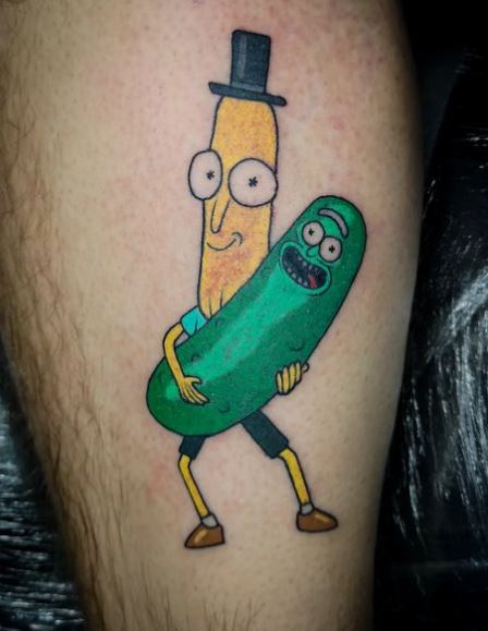 Mr. Poopybutthole and Pickle Rick Thigh Tattoo