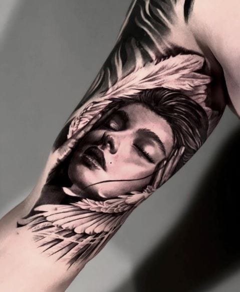 Woman Portrait with Feathers Inner Biceps Tattoo