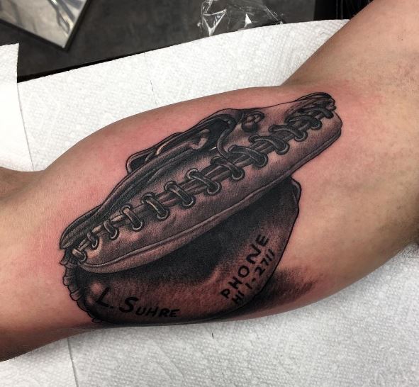 Shaded Baseball Glove with Lettering Arm Tattoo