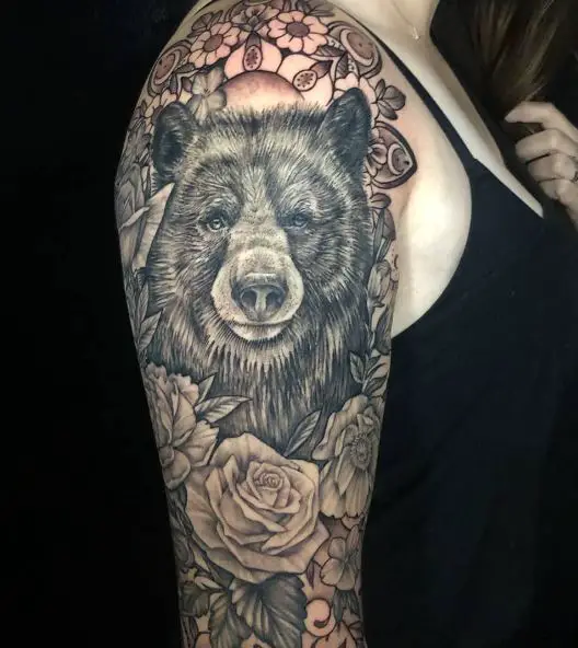 Black and Grey Roses and Bear Arm Half Sleeve Tattoo