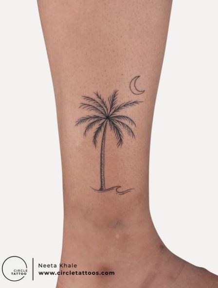 Moon and Palm Tree with Wave Leg Tattoo