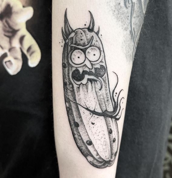 Black and Grey Devil Pickle Rick Arm Tattoo