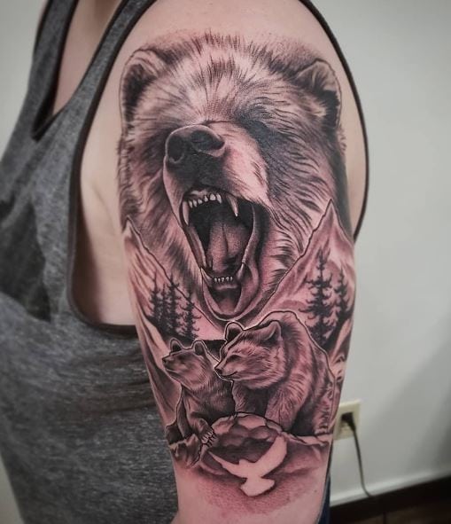 Mountain Landscape and Bears Arm Half Sleeve Tattoo