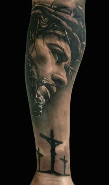Shaded Jesus and Crucifixion Forearm Tattoo