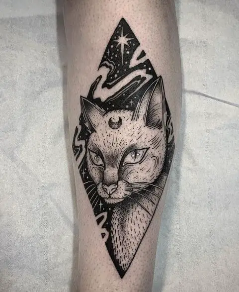 Night Sky and Black and Grey Gothic Cat Forearm Tattoo