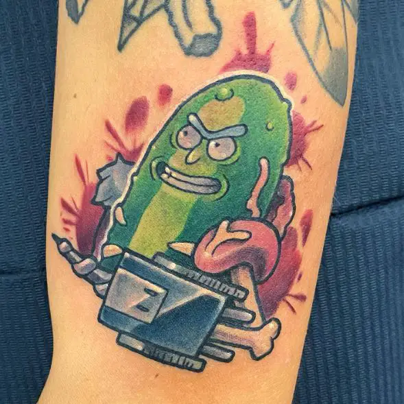 Colorful Bones and Pickle Rick Arm Tattoo