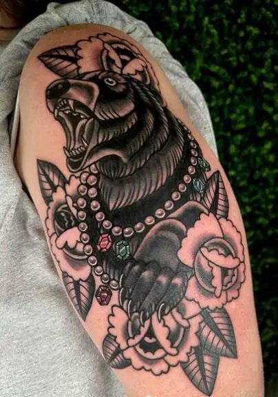Flowers and Bear with Necklaces Arm Half Sleeve Tattoo