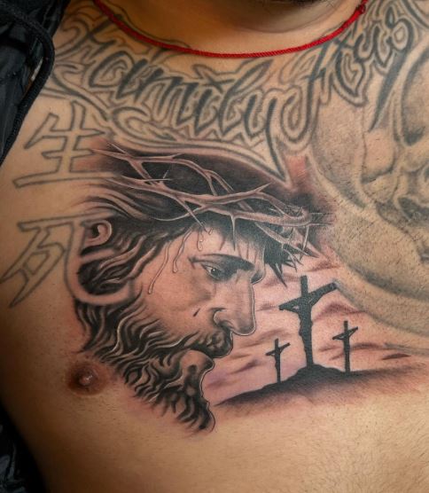 Shaded Jesus and Crucifixion Chest Tattoo