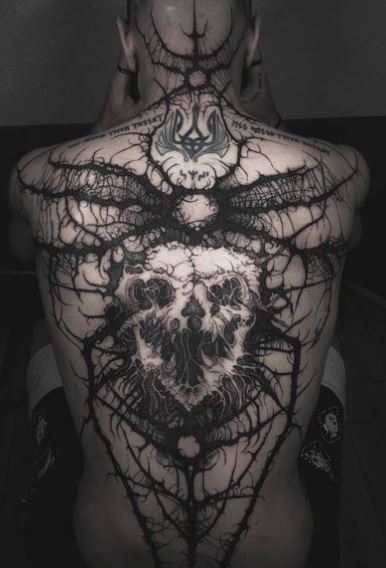 Black and Grey Skull and Gothic Tribal Full Back Tattoo